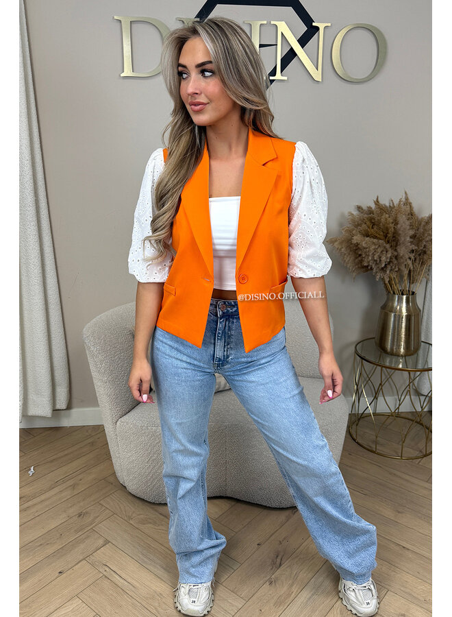 ORANGE - 'QUINN SHORT SLEEVE' - BRODERIE PUFF SLEEVE BLAZER