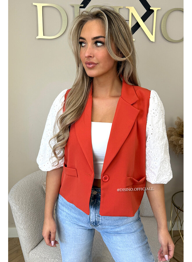 CORAL - 'QUINN SHORT SLEEVE' - BRODERIE PUFF SLEEVE BLAZER