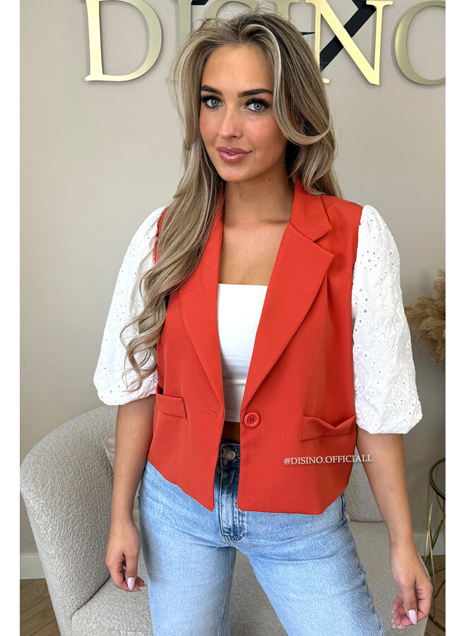 CORAL - 'QUINN SHORT SLEEVE' - BRODERIE PUFF SLEEVE BLAZER