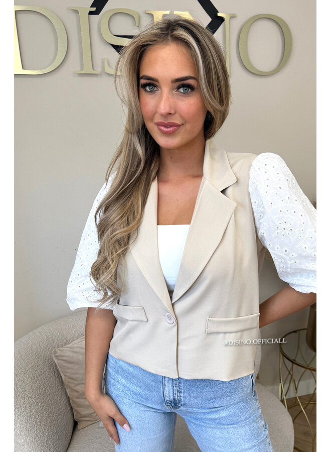 BEIGE - 'QUINN SHORT SLEEVE' - BRODERIE PUFF SLEEVE BLAZER