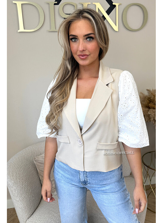 BEIGE - 'QUINN SHORT SLEEVE' - BRODERIE PUFF SLEEVE BLAZER