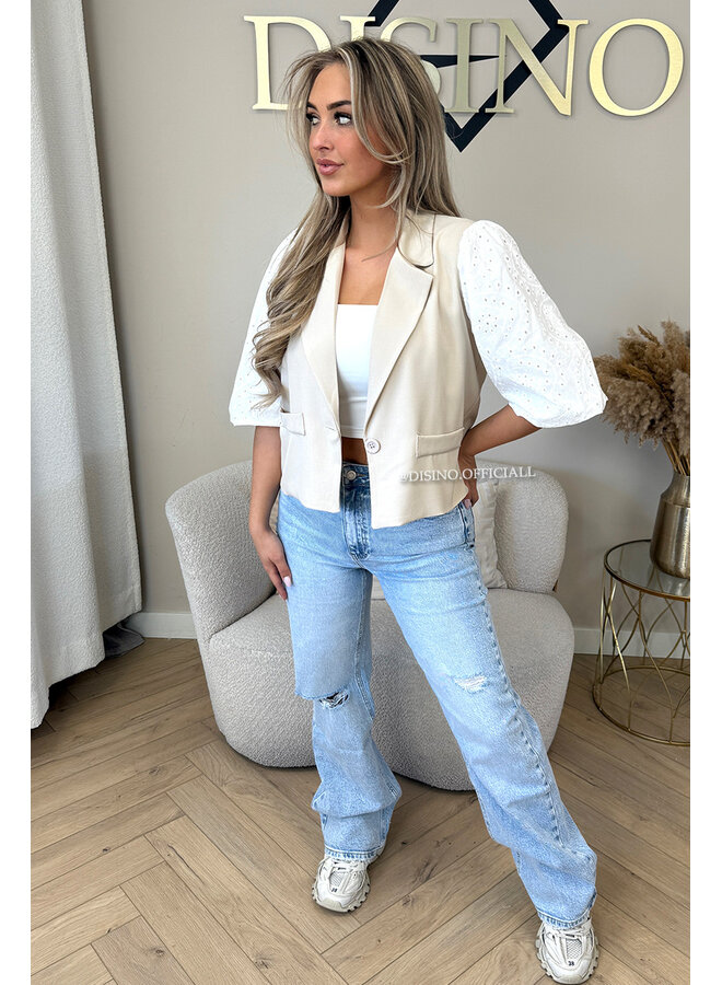 BEIGE - 'QUINN SHORT SLEEVE' - BRODERIE PUFF SLEEVE BLAZER