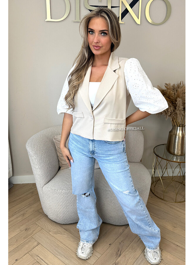 BEIGE - 'QUINN SHORT SLEEVE' - BRODERIE PUFF SLEEVE BLAZER