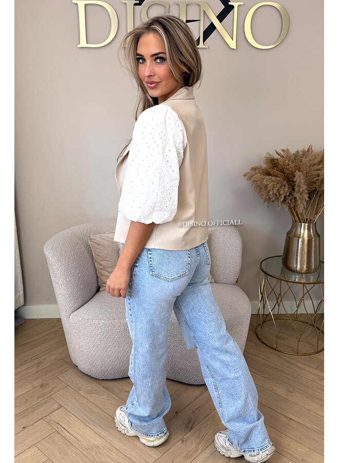 BEIGE - 'QUINN SHORT SLEEVE' - BRODERIE PUFF SLEEVE BLAZER