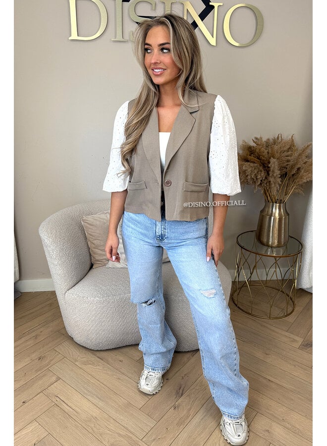 TAUPE - 'QUINN SHORT SLEEVE' - BRODERIE PUFF SLEEVE BLAZER
