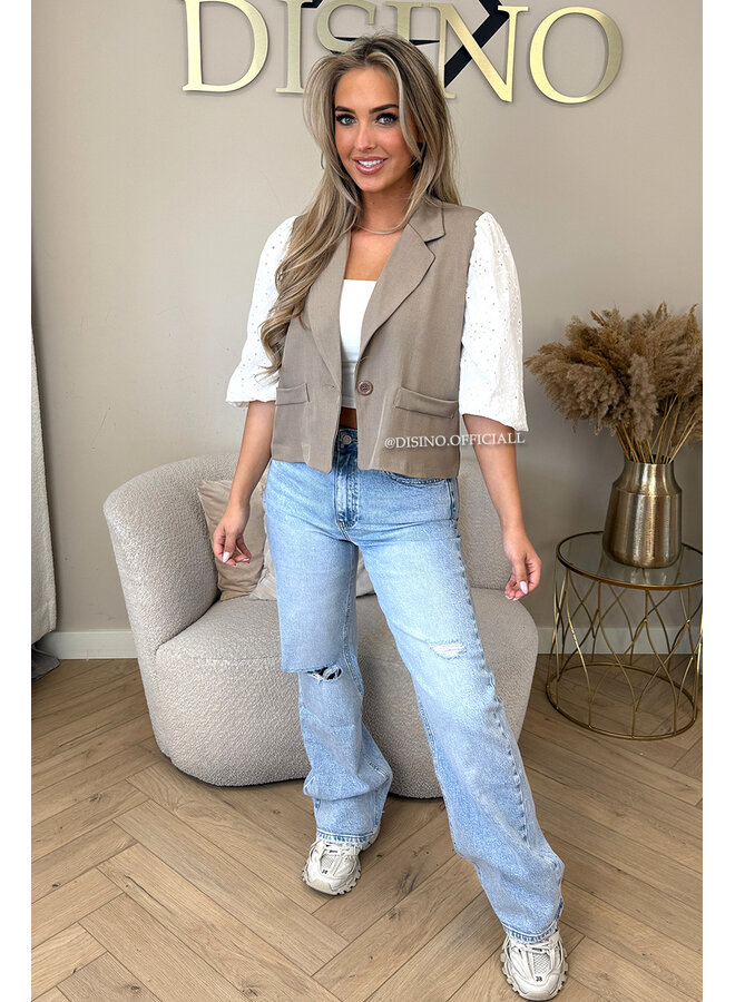TAUPE - 'QUINN SHORT SLEEVE' - BRODERIE PUFF SLEEVE BLAZER
