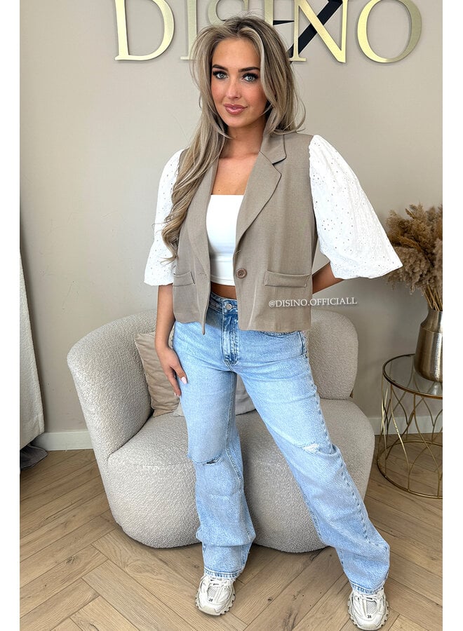 TAUPE - 'QUINN SHORT SLEEVE' - BRODERIE PUFF SLEEVE BLAZER