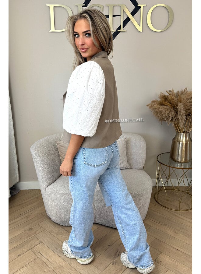 TAUPE - 'QUINN SHORT SLEEVE' - BRODERIE PUFF SLEEVE BLAZER