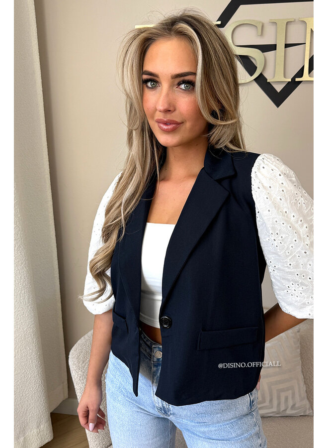 NAVY BLUE - 'QUINN SHORT SLEEVE' - BRODERIE PUFF SLEEVE BLAZER