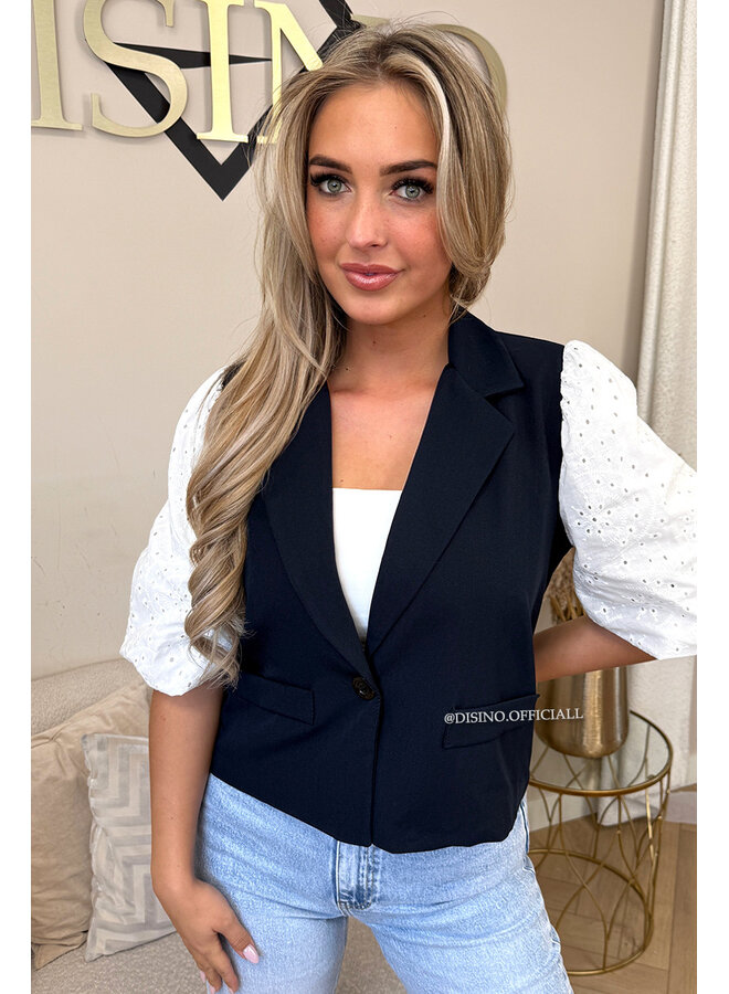 NAVY BLUE - 'QUINN SHORT SLEEVE' - BRODERIE PUFF SLEEVE BLAZER