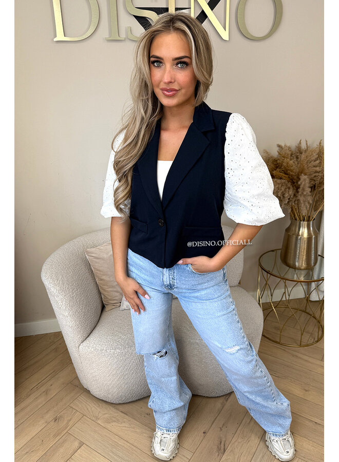 NAVY BLUE - 'QUINN SHORT SLEEVE' - BRODERIE PUFF SLEEVE BLAZER