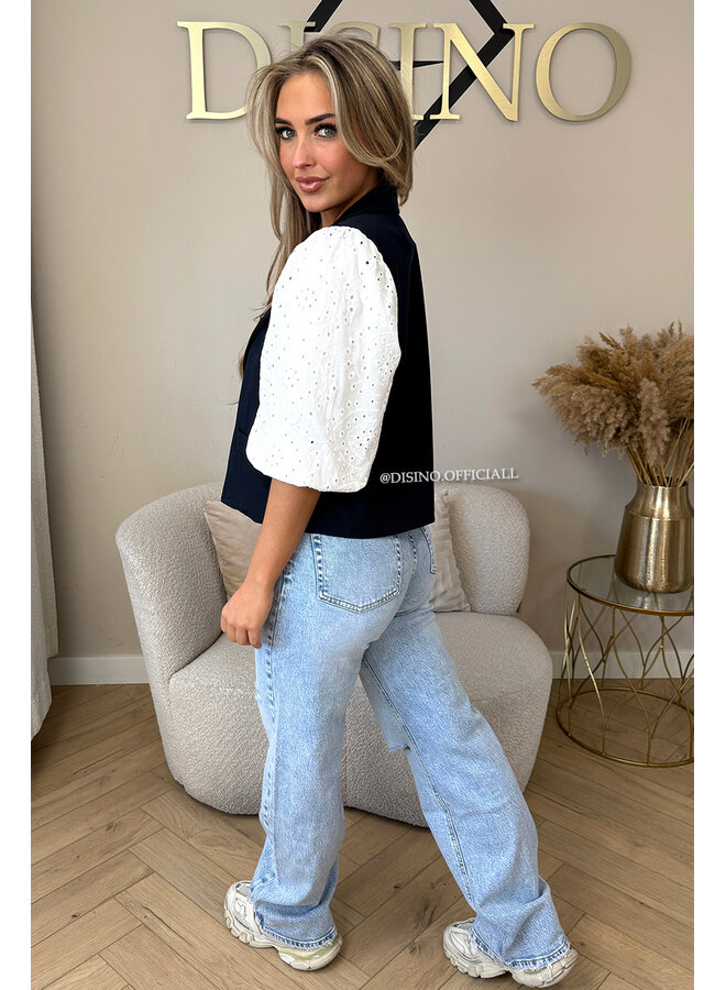 NAVY BLUE - 'QUINN SHORT SLEEVE' - BRODERIE PUFF SLEEVE BLAZER