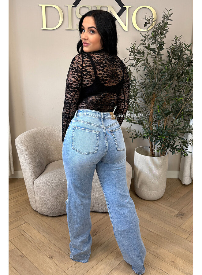 BLACK - 'OLIVIA BODY' - STRETCH LACE LONG SLEEVE BODYSUIT