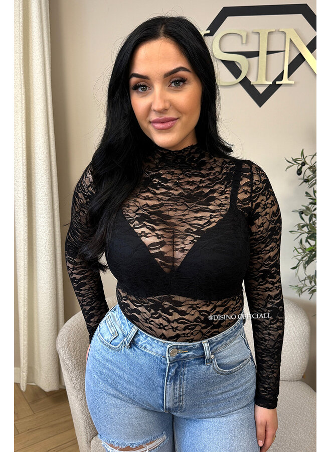 BLACK - 'OLIVIA BODY' - STRETCH LACE LONG SLEEVE BODYSUIT