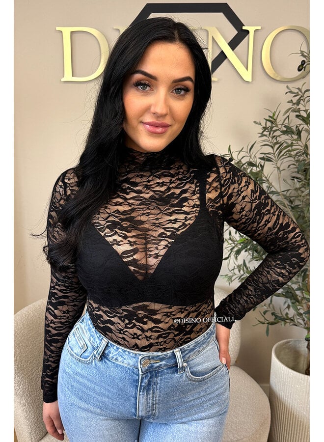 BLACK - 'OLIVIA BODY' - STRETCH LACE LONG SLEEVE BODYSUIT
