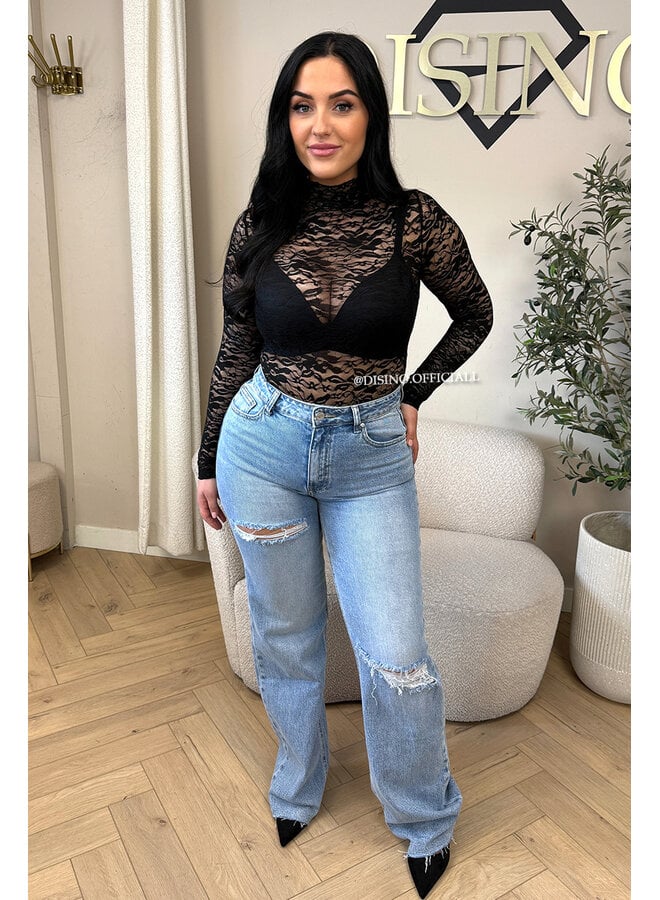 BLACK - 'OLIVIA BODY' - STRETCH LACE LONG SLEEVE BODYSUIT