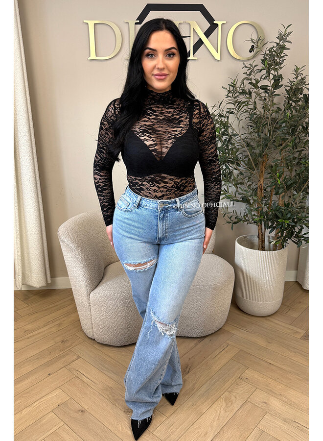 BLACK - 'OLIVIA BODY' - STRETCH LACE LONG SLEEVE BODYSUIT