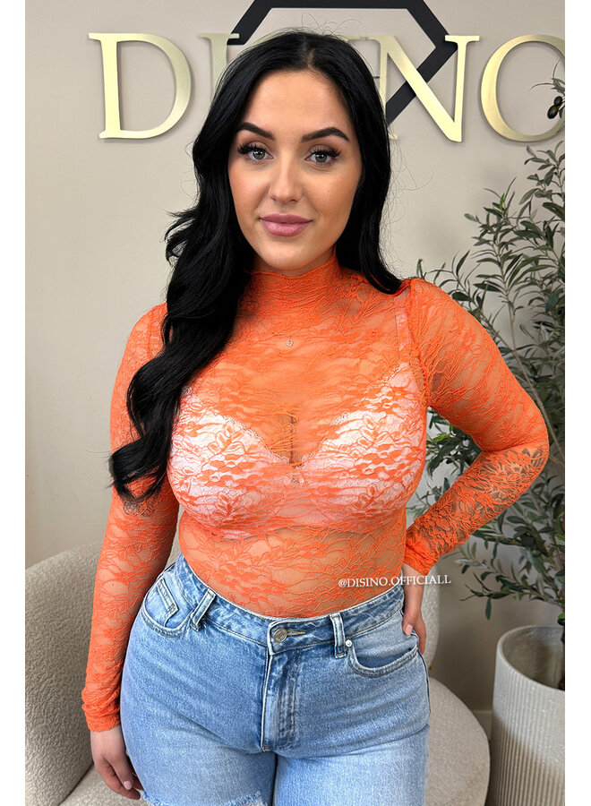 ORANGE - 'OLIVIA BODY' - STRETCH LACE LONG SLEEVE BODYSUIT