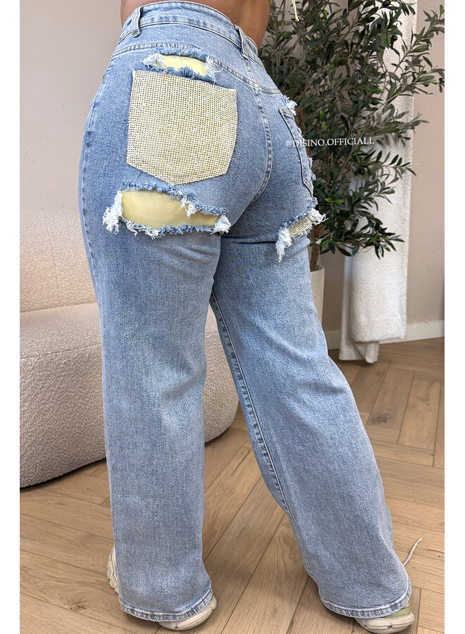 YELLOW - 'SYDNEY V2 RHINESTONE' - STRETCH VIRAL RIPPED BACK STRAIGHT LEG JEANS
