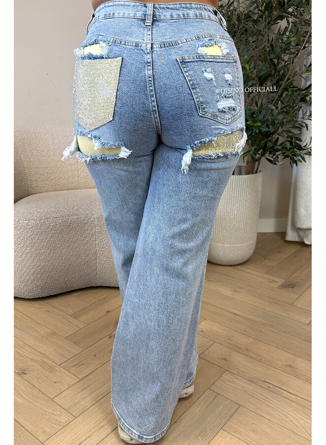 YELLOW - 'SYDNEY V2 RHINESTONE' - STRETCH VIRAL RIPPED BACK STRAIGHT LEG JEANS