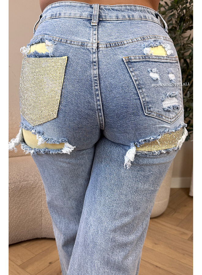 YELLOW - 'SYDNEY V2 RHINESTONE' - STRETCH VIRAL RIPPED BACK STRAIGHT LEG JEANS