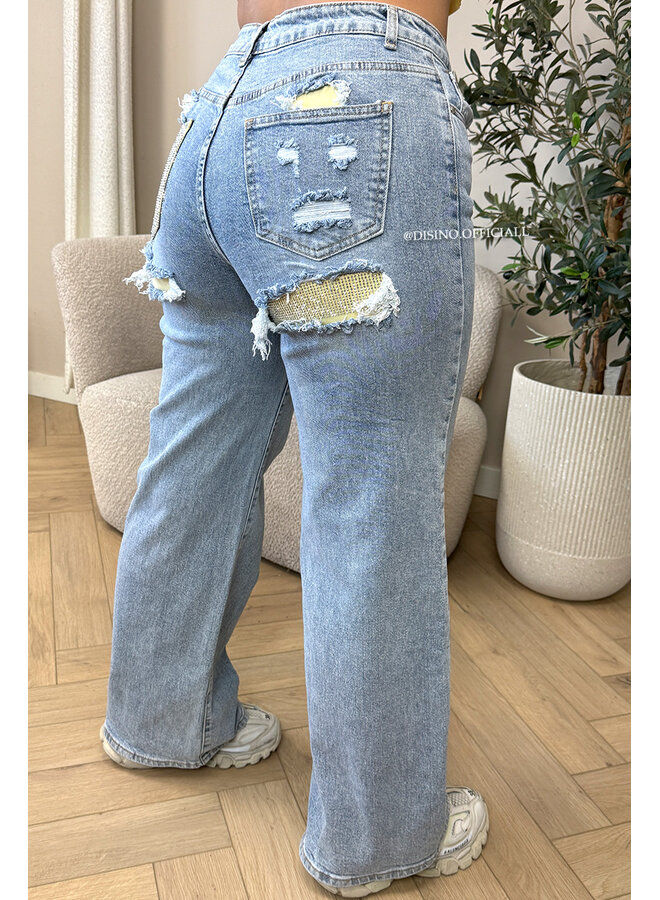 YELLOW - 'SYDNEY V2 RHINESTONE' - STRETCH VIRAL RIPPED BACK STRAIGHT LEG JEANS