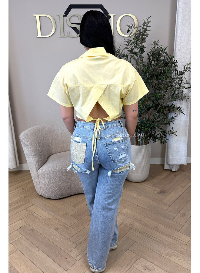 YELLOW - 'SYDNEY V2 RHINESTONE' - STRETCH VIRAL RIPPED BACK STRAIGHT LEG JEANS