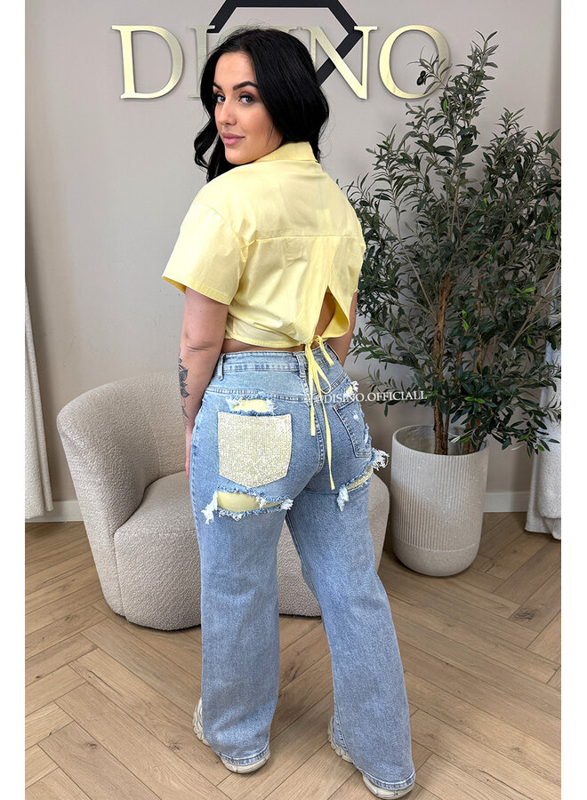 YELLOW - 'SYDNEY V2 RHINESTONE' - STRETCH VIRAL RIPPED BACK STRAIGHT LEG JEANS