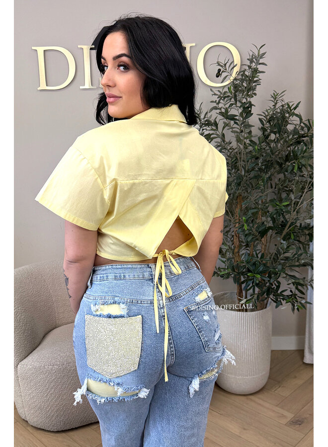 YELLOW - 'CARMEN BLOUSE' - OPEN BACK SHORT SLEEVE SHIRT