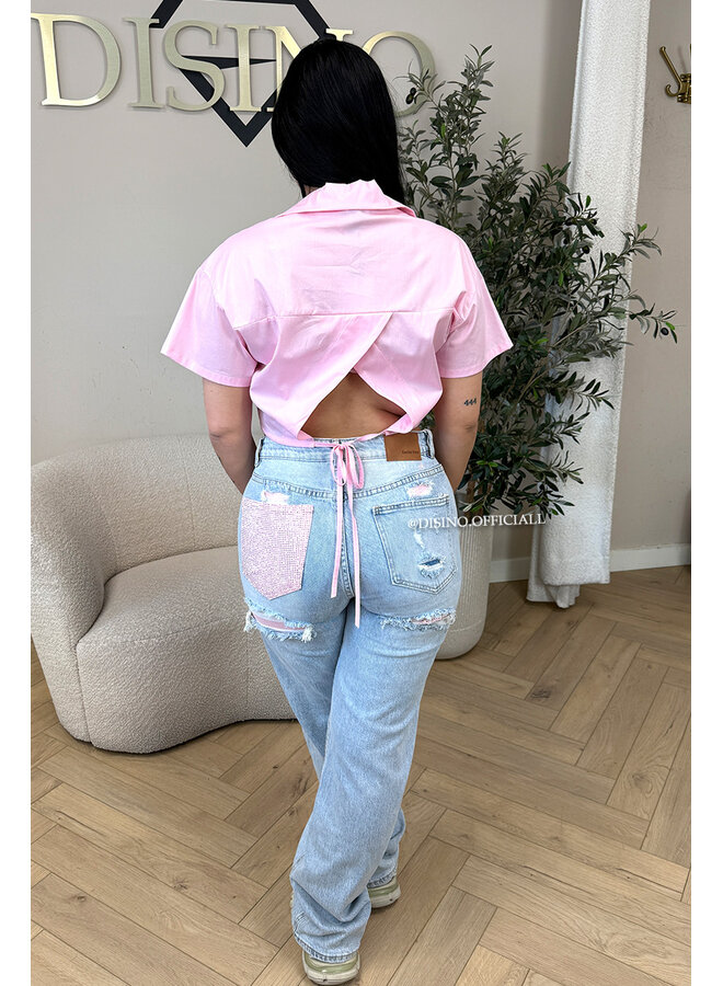PINK - 'CARMEN BLOUSE' - OPEN BACK SHORT SLEEVE SHIRT