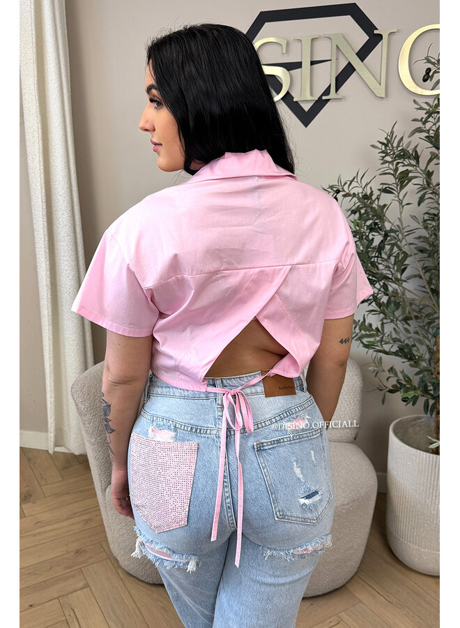PINK - 'CARMEN BLOUSE' - OPEN BACK SHORT SLEEVE SHIRT