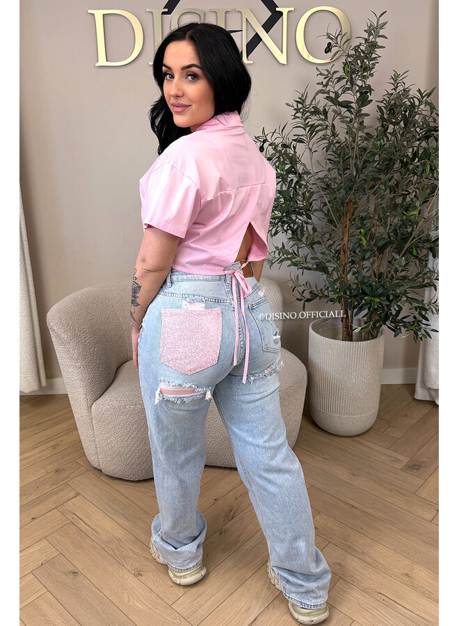 PINK - 'SYDNEY RHINESTONE' - STRETCH VIRAL RIPPED BACK STRAIGHT LEG JEANS