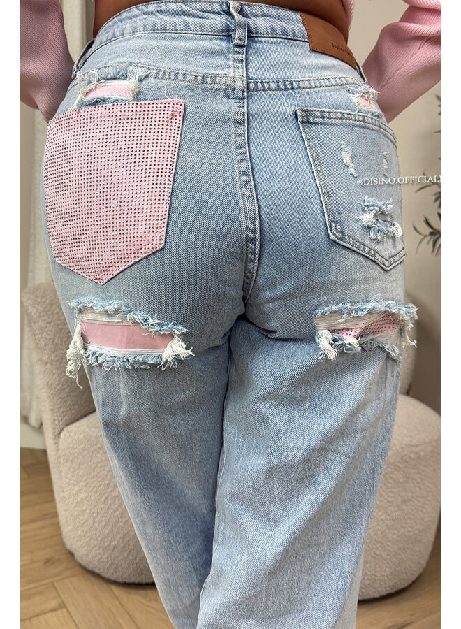 PINK - 'SYDNEY RHINESTONE' - STRETCH VIRAL RIPPED BACK STRAIGHT LEG JEANS