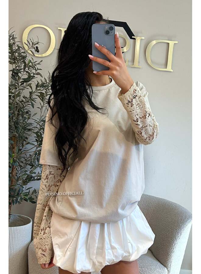 BEIGE - 'ESTELLE V2' - LACE SLEEVES OVERSIZED TEE