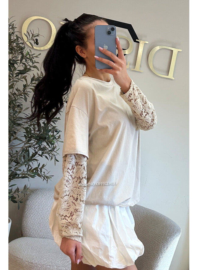 BEIGE - 'ESTELLE V2' - LACE SLEEVES OVERSIZED TEE