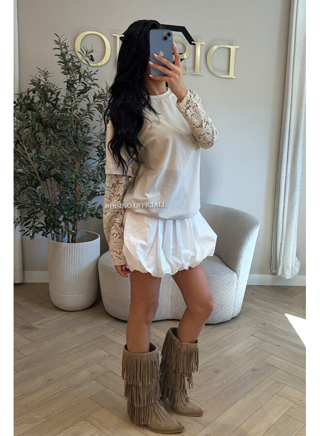 BEIGE - 'ESTELLE V2' - LACE SLEEVES OVERSIZED TEE