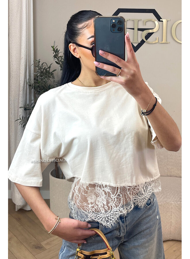 BEIGE - 'ELODIE TEE' - ASSYMETRIC CROPPED LACE TEE