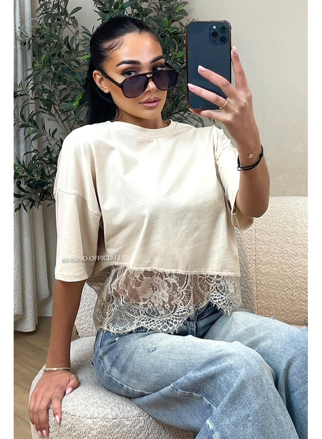 BEIGE - 'ELODIE TEE' - ASSYMETRIC CROPPED LACE TEE