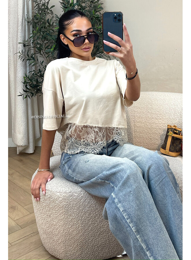 BEIGE - 'ELODIE TEE' - ASSYMETRIC CROPPED LACE TEE
