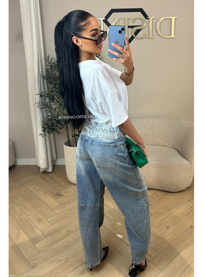 WHITE - 'ELODIE TEE' - ASSYMETRIC CROPPED LACE TEE