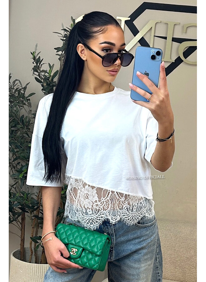 WHITE - 'ELODIE TEE' - ASSYMETRIC CROPPED LACE TEE