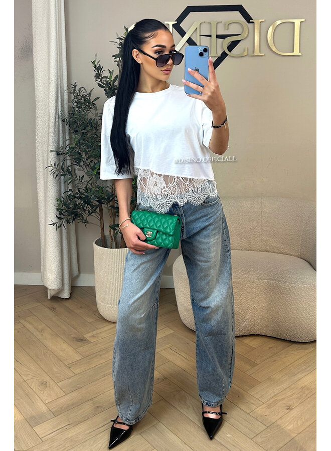 WHITE - 'ELODIE TEE' - ASSYMETRIC CROPPED LACE TEE