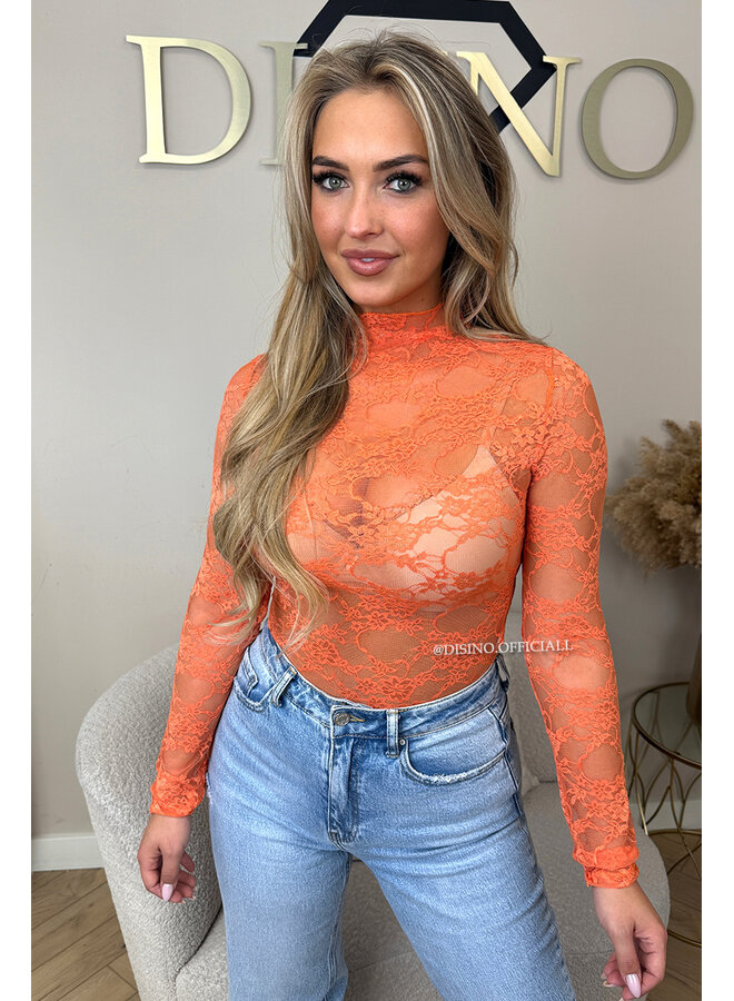 ORANGE - 'OLIVIA BODY' - STRETCH LACE LONG SLEEVE BODYSUIT