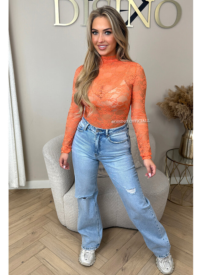 ORANGE - 'OLIVIA BODY' - STRETCH LACE LONG SLEEVE BODYSUIT