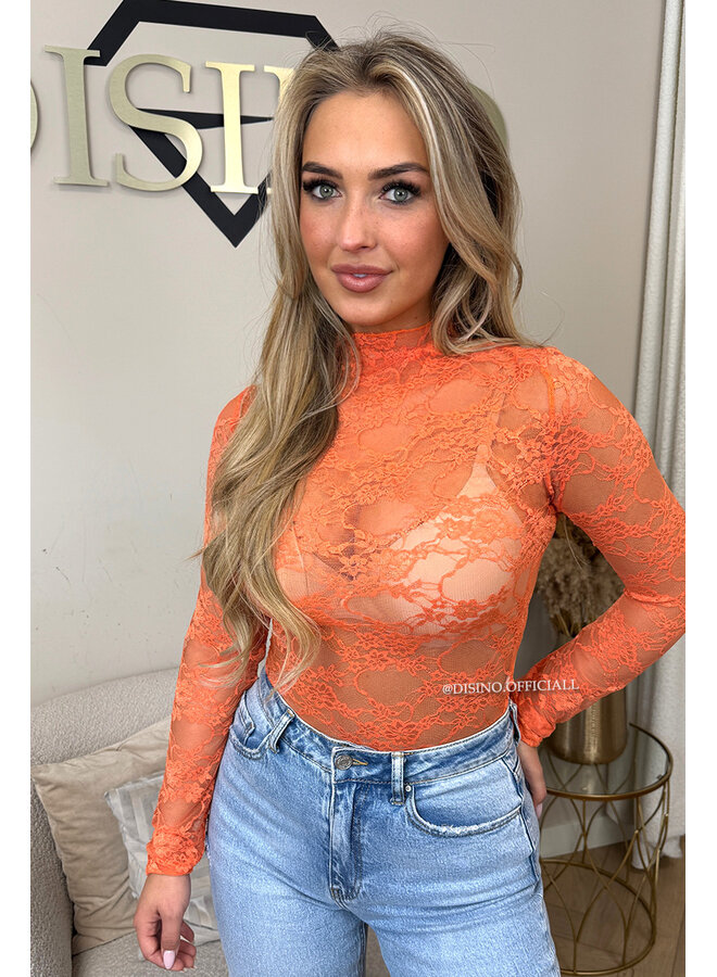 ORANGE - 'OLIVIA BODY' - STRETCH LACE LONG SLEEVE BODYSUIT