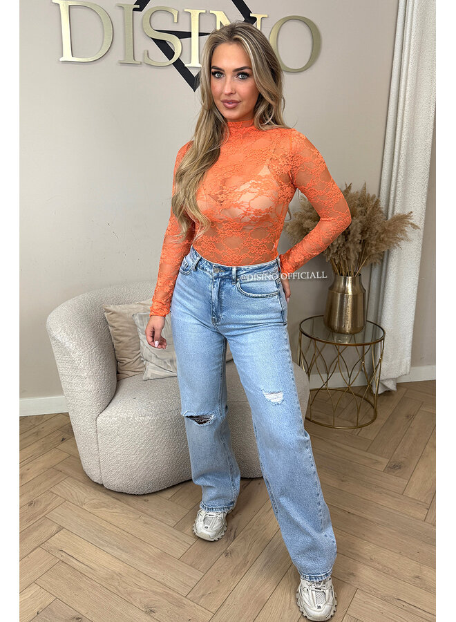 ORANGE - 'OLIVIA BODY' - STRETCH LACE LONG SLEEVE BODYSUIT