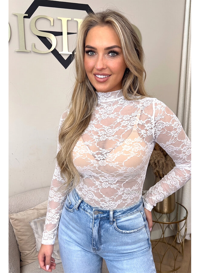 WHITE - 'OLIVIA BODY' - STRETCH LACE LONG SLEEVE BODYSUIT