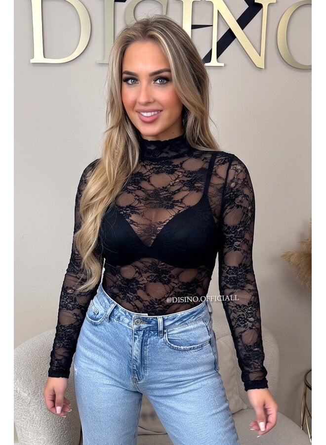 BLACK - 'OLIVIA BODY' - STRETCH LACE LONG SLEEVE BODYSUIT