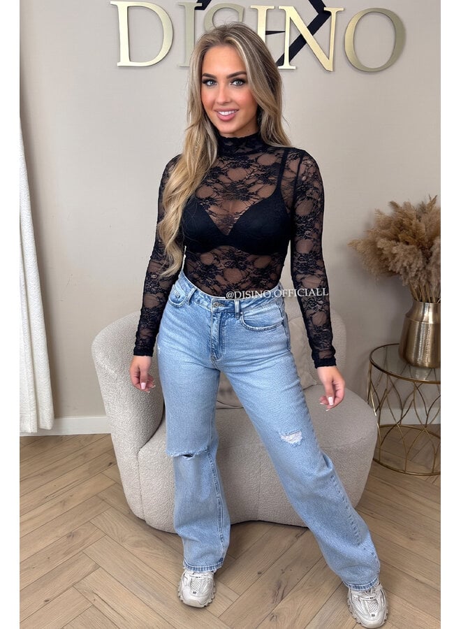 BLACK - 'OLIVIA BODY' - STRETCH LACE LONG SLEEVE BODYSUIT