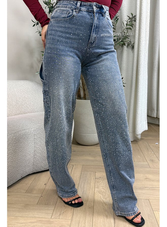 BLUE - 'LUMIÉRE JEANS' - STRETCH DIAMONDS ALL OVER BALLOON LEG JEANS
